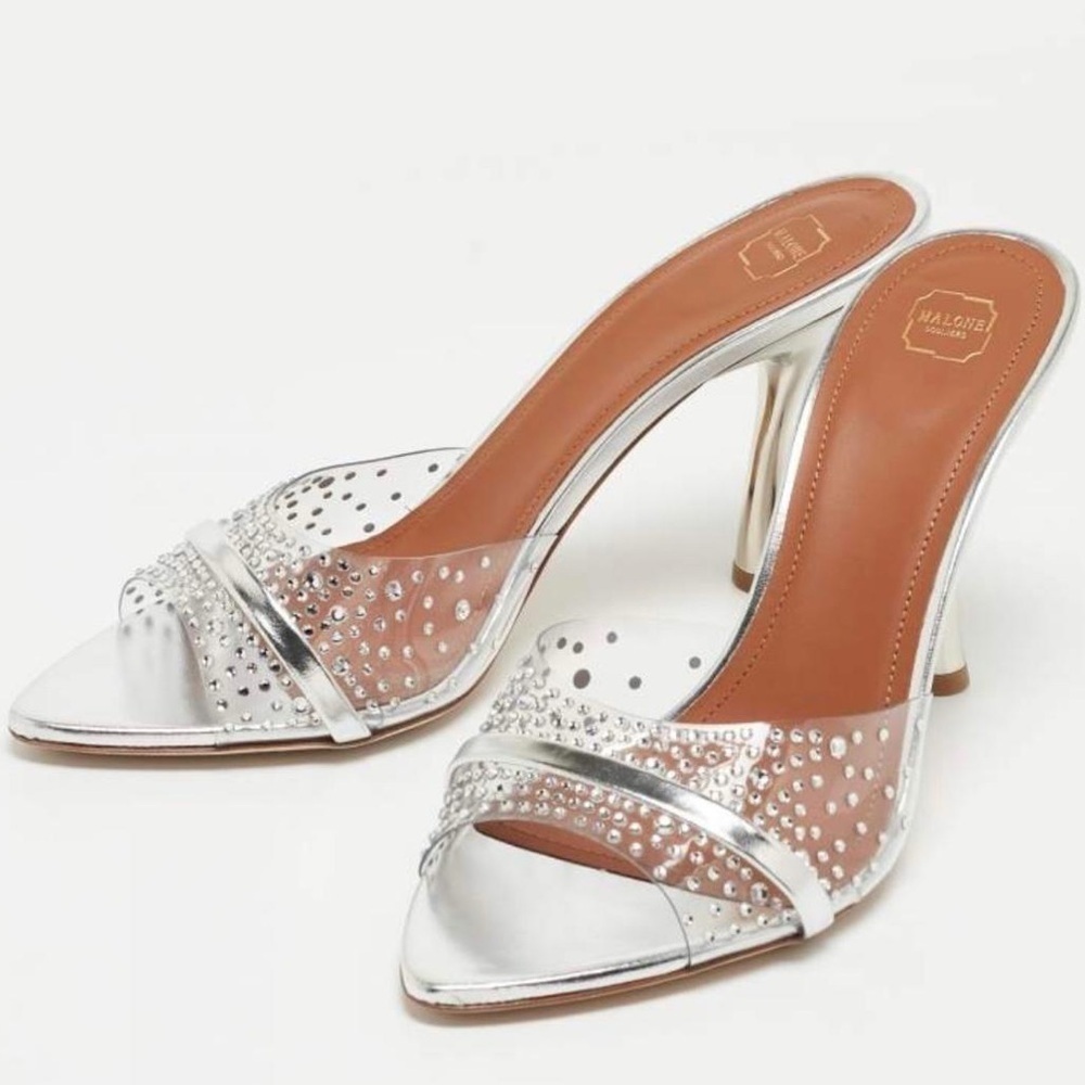 Malone Souliers Julia Embellished High Heel Mules Women's Clear/Silver - NWT